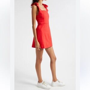Alice + Olivia Maryann tie-shoulder denim minidress in "bright ruby"